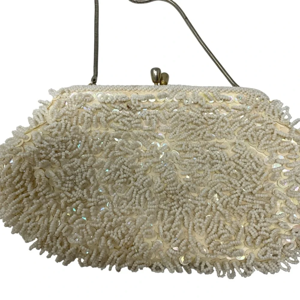 Vintage Beaded Evening Bag Ivory Sequin Gold Satin Interior Wedding Formal 1960s